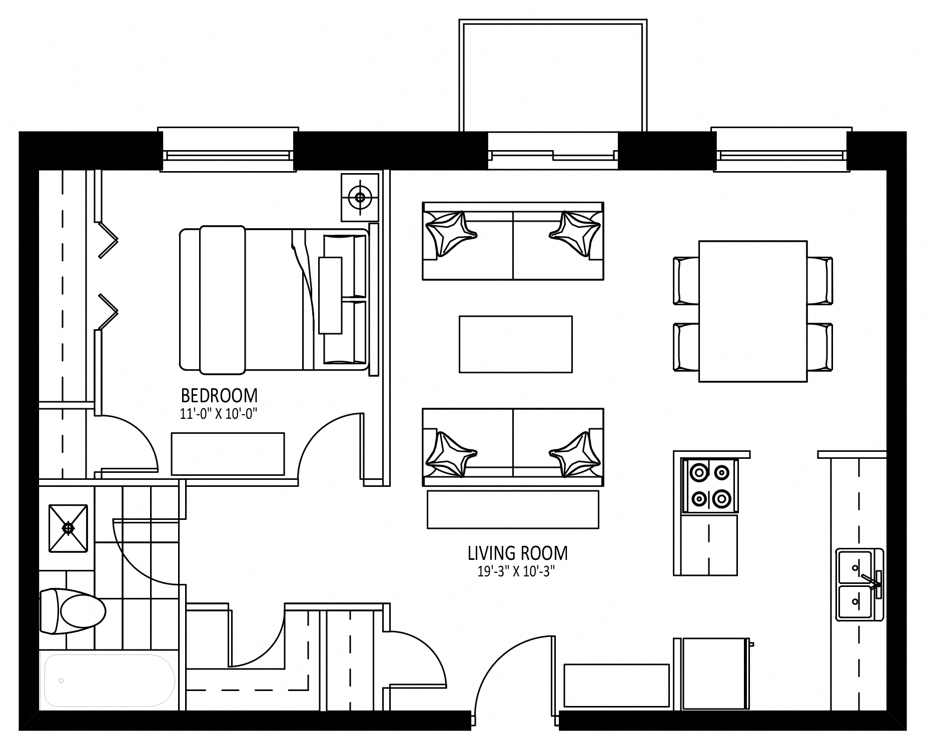 Floor plan for 1 bed, 1 bath, 611 sqft